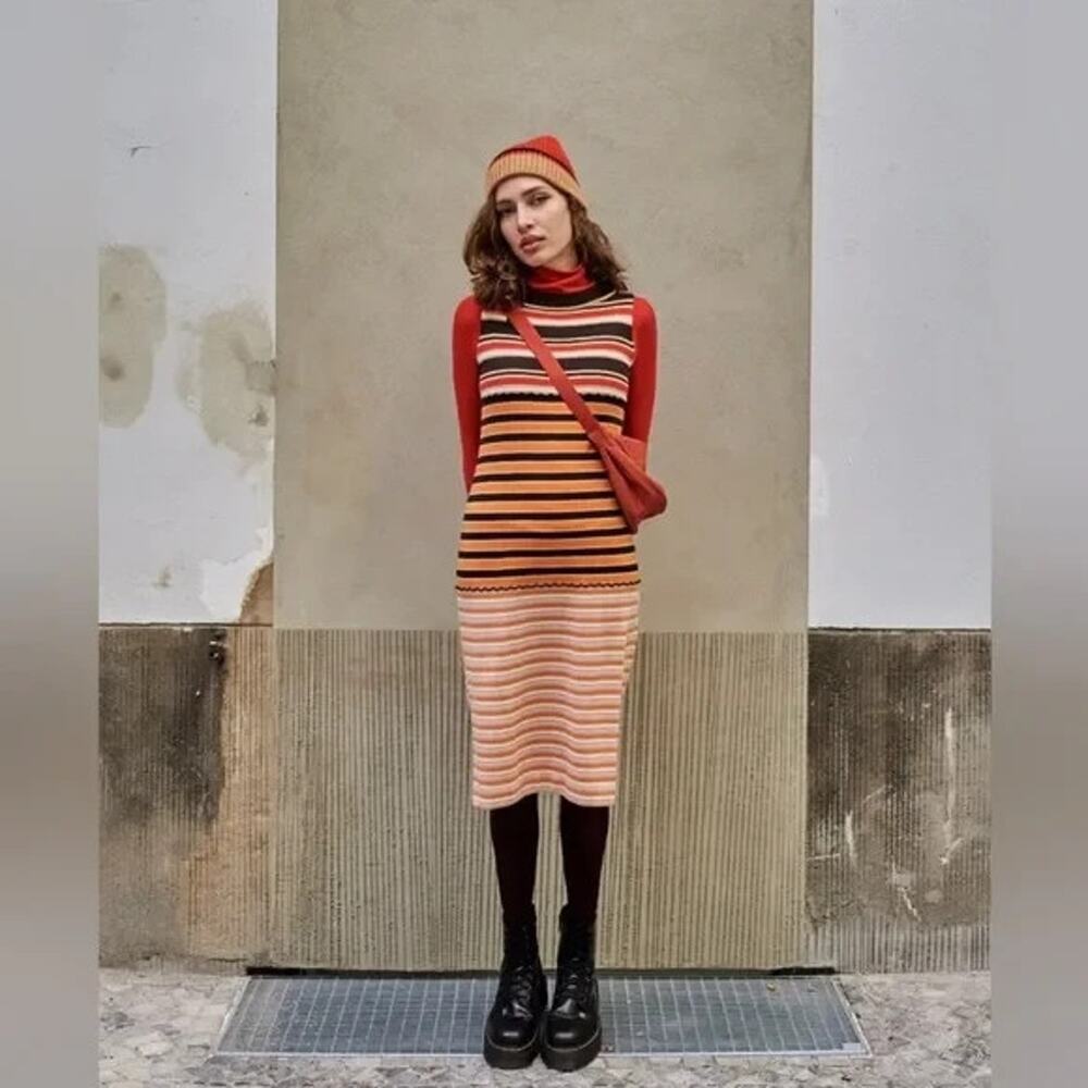 Uniqlo Marni Merino Blend Sleeveless Knitted Dress Dark Brown Stripe Medium New